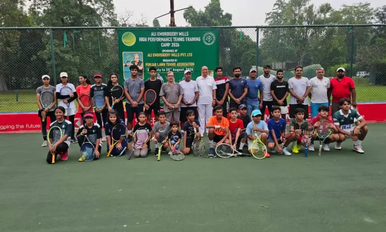 Players and officials at the Ali Embroidery Mills High-Performance Tennis Training Camp in Lahore