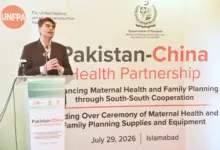 Dr Mukhtar Ahmad Bharath addressing reproductive health supplies handover ceremony in Islamabad