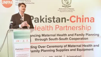 Dr Mukhtar Ahmad Bharath addressing reproductive health supplies handover ceremony in Islamabad