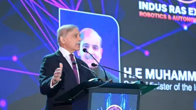 Prime Minister Shehbaz Sharif addressing the Indus RAS Robotics and Autonomous Systems Expo 2026 in Islamabad