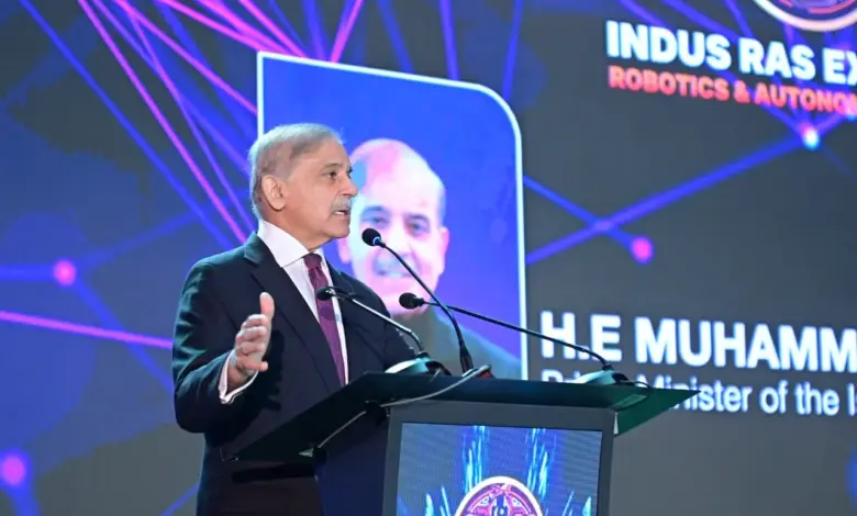 Prime Minister Shehbaz Sharif addressing the Indus RAS Robotics and Autonomous Systems Expo 2026 in Islamabad
