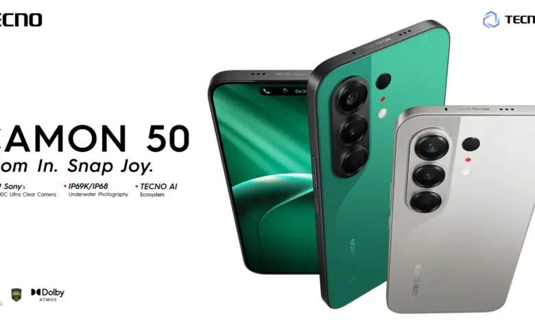 TECNO CAMON 50 premium smartphone highlighting camera display and durability features
