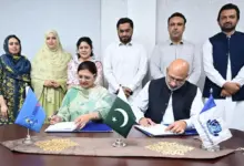 Officials of Women University Mardan and Sarhad University during MoU signing ceremony
