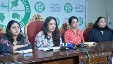 Women Democratic Front leaders addressing a press conference at the National Press Club Islamabad