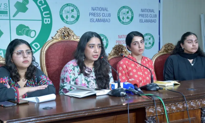 Women Democratic Front leaders addressing a press conference at the National Press Club Islamabad