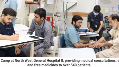Patients receiving healthcare services at a free medical camp at Northwest General Hospital II