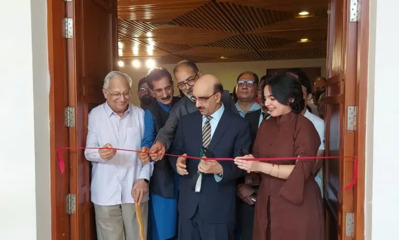 Visitors viewing artworks at Kashmir art exhibition at PNCA Islamabad