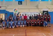 Players at the National Inter-Department Netball Championship 2026 in Karachi