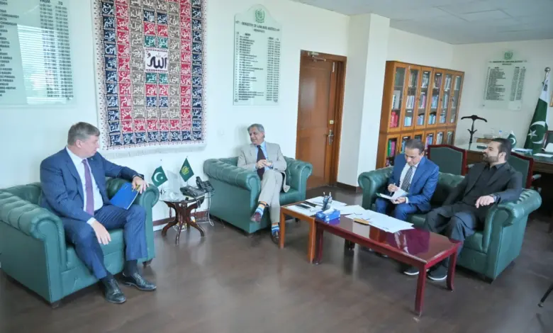 Senator Azam Nazeer Tarar meeting EU Ambassador Raimundas Karoblis in Islamabad