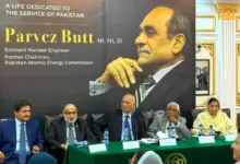 Senator Mushahid Hussain Sayed addressing a condolence reference for Pervaiz Butt in Islamabad