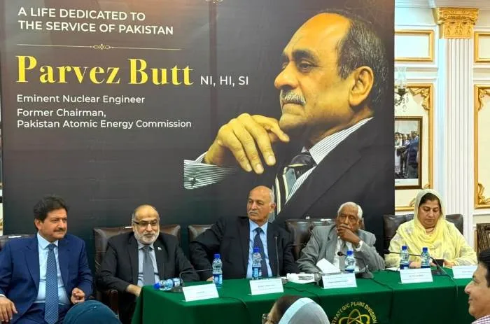 Senator Mushahid Hussain Sayed addressing a condolence reference for Pervaiz Butt in Islamabad