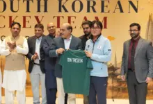 PFF officials hosting the South Korean hockey team at a luncheon in Islamabad