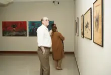 Visitors viewing contemporary artworks at PNCA Young Graduates Exhibition in Islamabad
