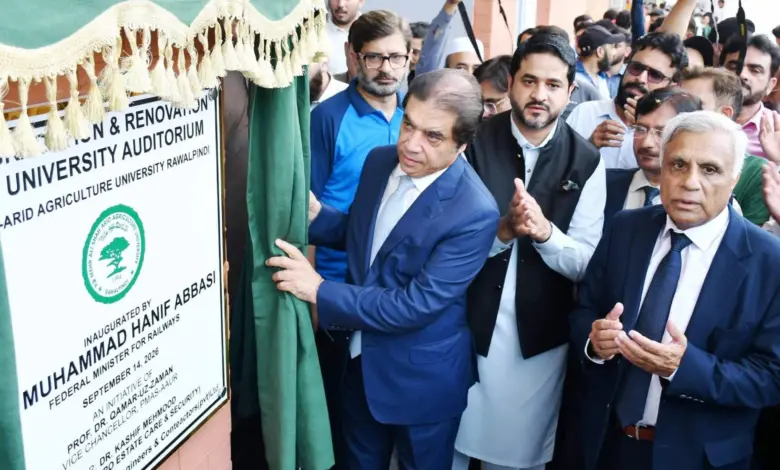 Federal Minister Muhammad Hanif Abbasi inaugurating the renovated auditorium at PMAS-AAUR