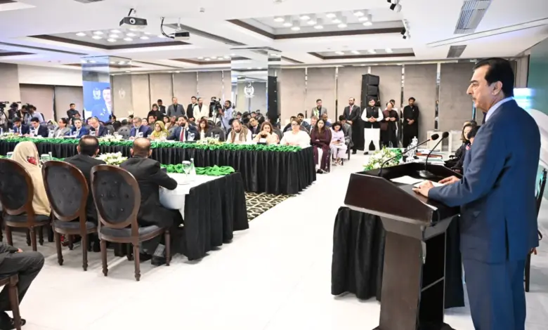 Senate Chairman Syed Yousuf Raza Gilani addressing a parliamentary dialogue on migration governance in Islamabad
