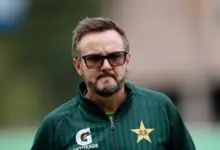 Mike Hesson speaking to reporters after Pakistan’s third Test against England
