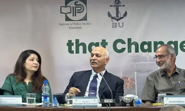 Senator Mushahid Hussain Sayed speaking at an Institute of Policy Studies talk in Islamabad