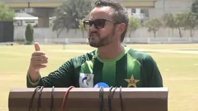 Pakistan head coach Mike Hesson speaking to reporters at National Bank Stadium