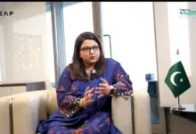 Federal Minister Shaza Fatima Khawaja speaking at the LEAP conference in Riyadh