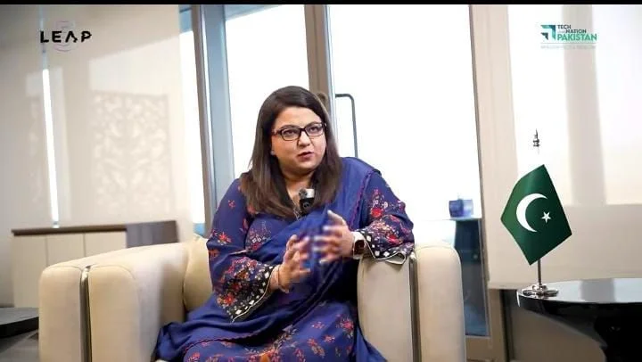 Federal Minister Shaza Fatima Khawaja speaking at the LEAP conference in Riyadh