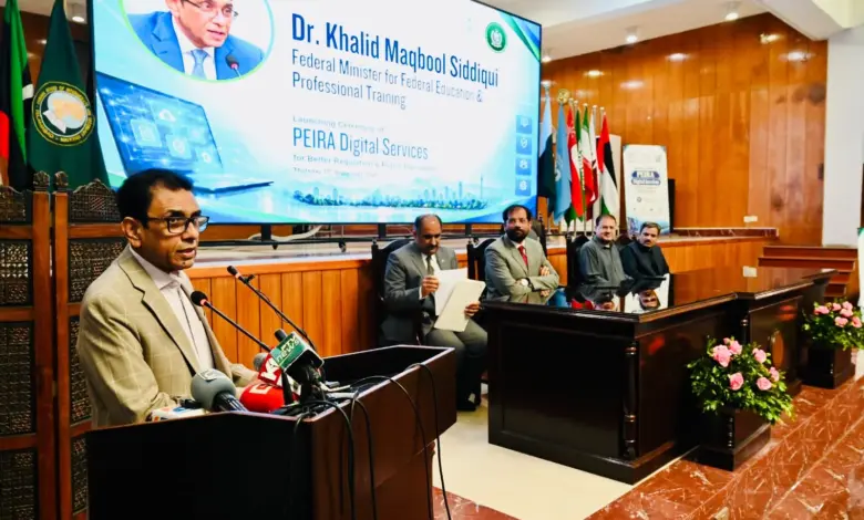 Federal Education Minister Dr Khalid Maqbool Siddiqui attending PEIRA Digital Services launch in Islamabad