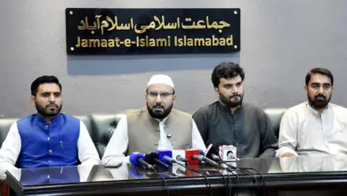 Nasrullah Randhawa addressing a press conference at Jamaat-e-Islami Islamabad office