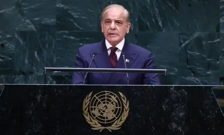 Prime Minister Shehbaz Sharif addressing the United Nations General Assembly in New York