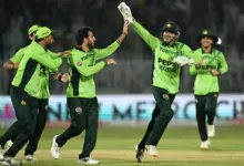 Arafat Minhas celebrates during Pakistan's ODI tri-series win over England in Rawalpindi