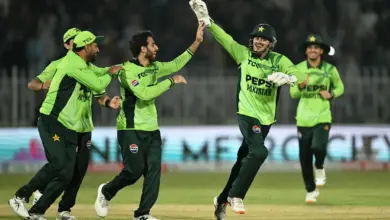 Arafat Minhas celebrates during Pakistan's ODI tri-series win over England in Rawalpindi