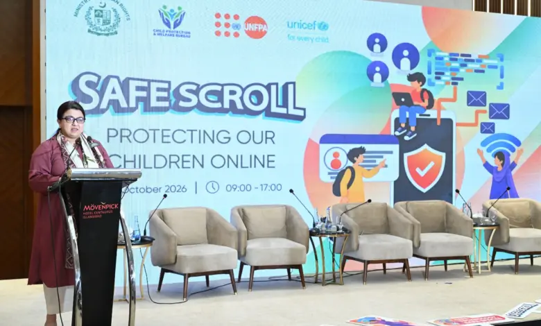 Federal IT Minister Shaza Fatima speaking at Safe Scroll National Policy Dialogue