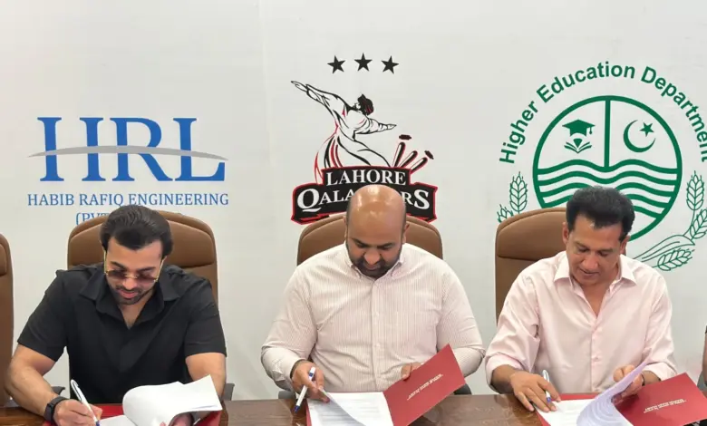 Lahore Qalandars HED and HRL representatives at MoU signing for college cricket development