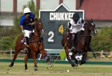 Polo action during the JPF Pink Polo Cup 2026 at Jinnah Polo Fields in Lahore