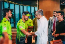 PCB Chairman Syed Mohsin Raza Naqvi with Lahore Qalandars officials at the player announcement ceremony