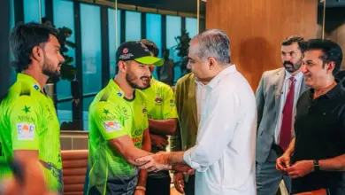 PCB Chairman Syed Mohsin Raza Naqvi with Lahore Qalandars officials at the player announcement ceremony