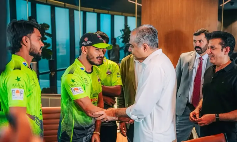 PCB Chairman Syed Mohsin Raza Naqvi with Lahore Qalandars officials at the player announcement ceremony