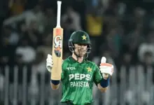 Maaz Sadaqat batting for Pakistan during the T20I series against Sri Lanka