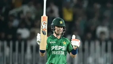 Maaz Sadaqat batting for Pakistan during the T20I series against Sri Lanka