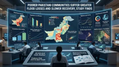 Flood-affected area in Pakistan showing inundated land and damaged communities