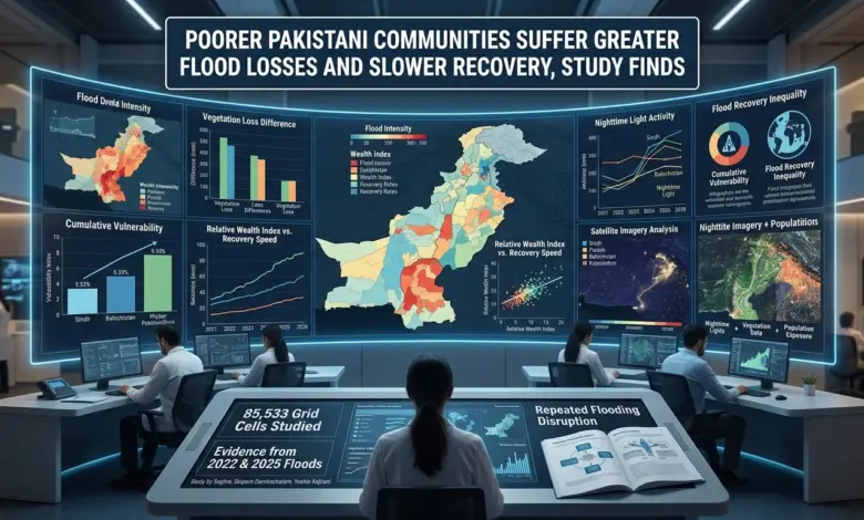 Flood-affected area in Pakistan showing inundated land and damaged communities