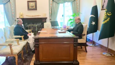 Prime Minister Shehbaz Sharif meeting Federal Minister Riaz Hussain Pirzada in Islamabad