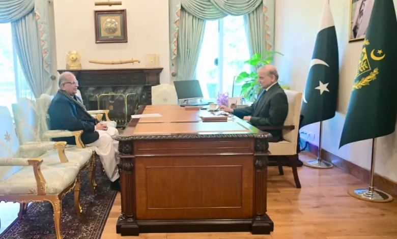 Prime Minister Shehbaz Sharif meeting Federal Minister Riaz Hussain Pirzada in Islamabad