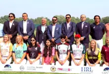 Women polo players in action during the Lahore Smart City Polo in Pink Cup 2026 at Lahore Polo Club