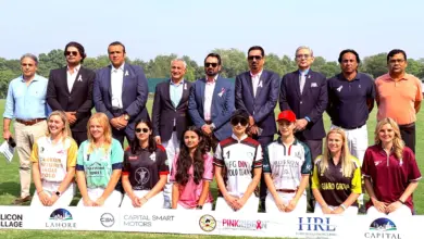 Women polo players in action during the Lahore Smart City Polo in Pink Cup 2026 at Lahore Polo Club