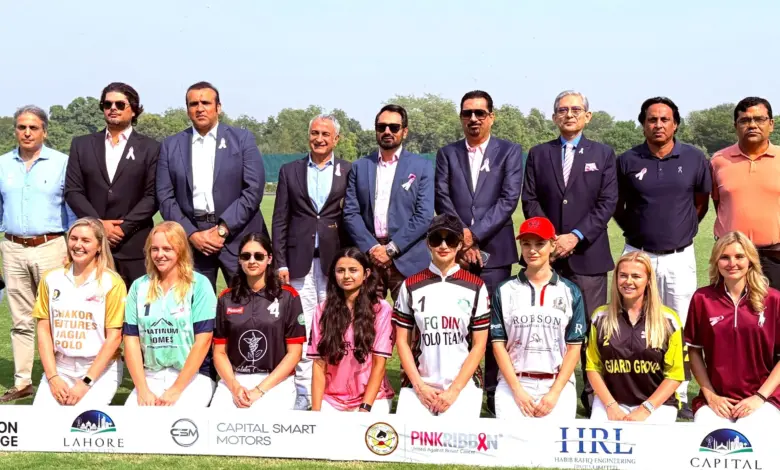 Women polo players in action during the Lahore Smart City Polo in Pink Cup 2026 at Lahore Polo Club