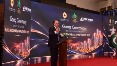 Finance Minister Muhammad Aurangzeb addressing a PSX gong ceremony in Karachi