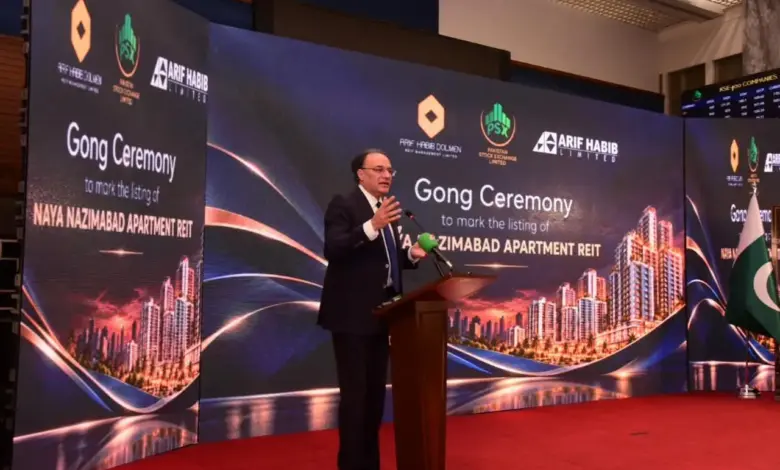 Finance Minister Muhammad Aurangzeb addressing a PSX gong ceremony in Karachi
