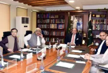 Finance Minister Muhammad Aurangzeb chairs a meeting on the retailers tax scheme at the Finance Division