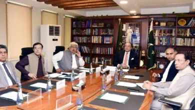 Finance Minister Muhammad Aurangzeb chairs a meeting on the retailers tax scheme at the Finance Division