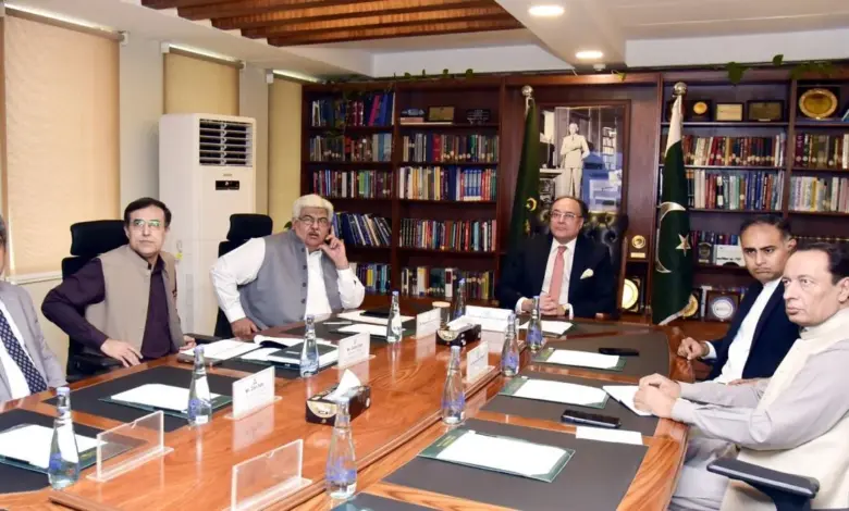 Finance Minister Muhammad Aurangzeb chairs a meeting on the retailers tax scheme at the Finance Division