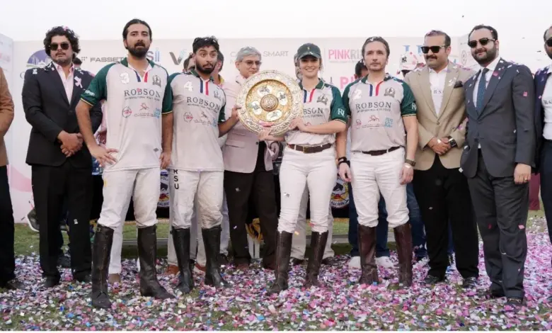 Robson International players celebrate after winning the Lahore Smart City Polo in Pink Tournament final